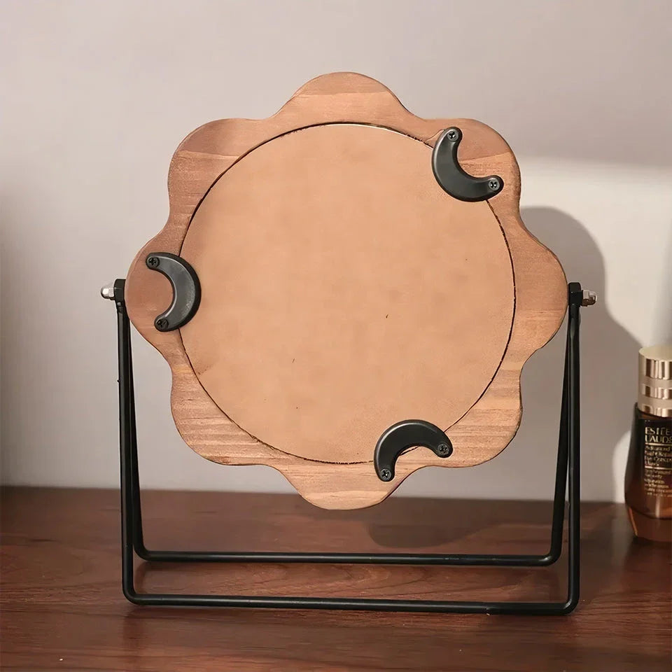 Elegant round desktop makeup mirror with wood frame in neoclassical design
