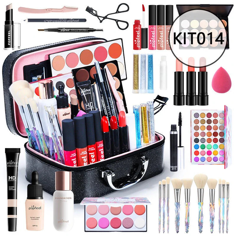 Premium makeup essentials set for novice beauty enthusiasts, including foundation, eyeshadow, lipstick, and other cosmetic products in natural, neutral shades