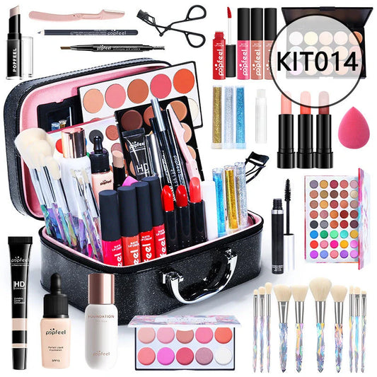 Premium makeup essentials set for novice beauty enthusiasts, including foundation, eyeshadow, lipstick, and other cosmetic products in natural, neutral shades