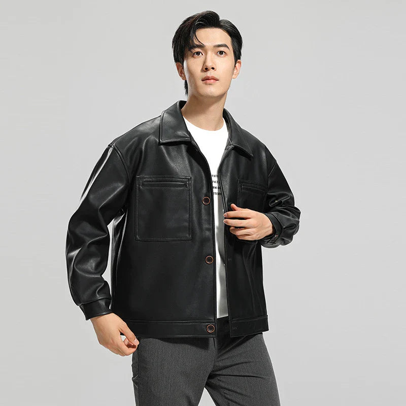 Handsome men's leather motorcycle jacket with lapel collar, dimensional pockets, and durable PU leather construction