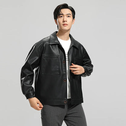 Handsome men's leather motorcycle jacket with lapel collar, dimensional pockets, and durable PU leather construction