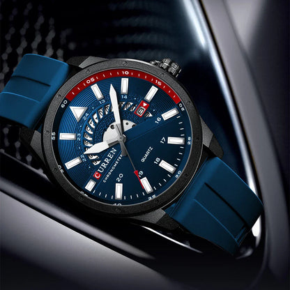 Stylish men's quartz watch with a sleek, round case and a comfortable silicone strap in blue colour