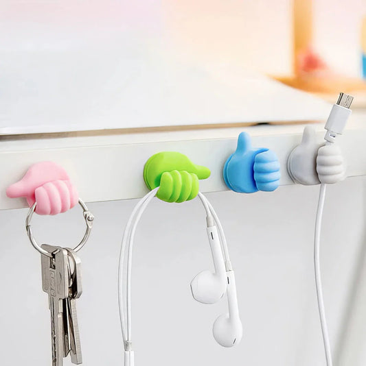 Hand-shaped silicone hooks in blue colour, used to organise desks, bathrooms, and cars