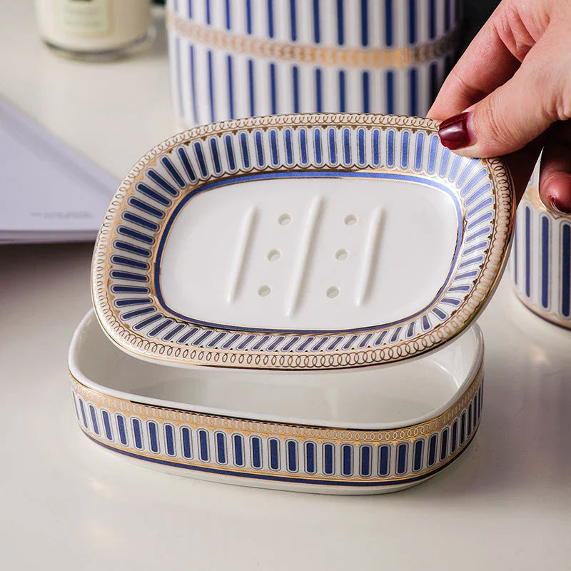 Elegant Nordic gold inlay double layer ceramic soap holder for dry soap and clean countertops