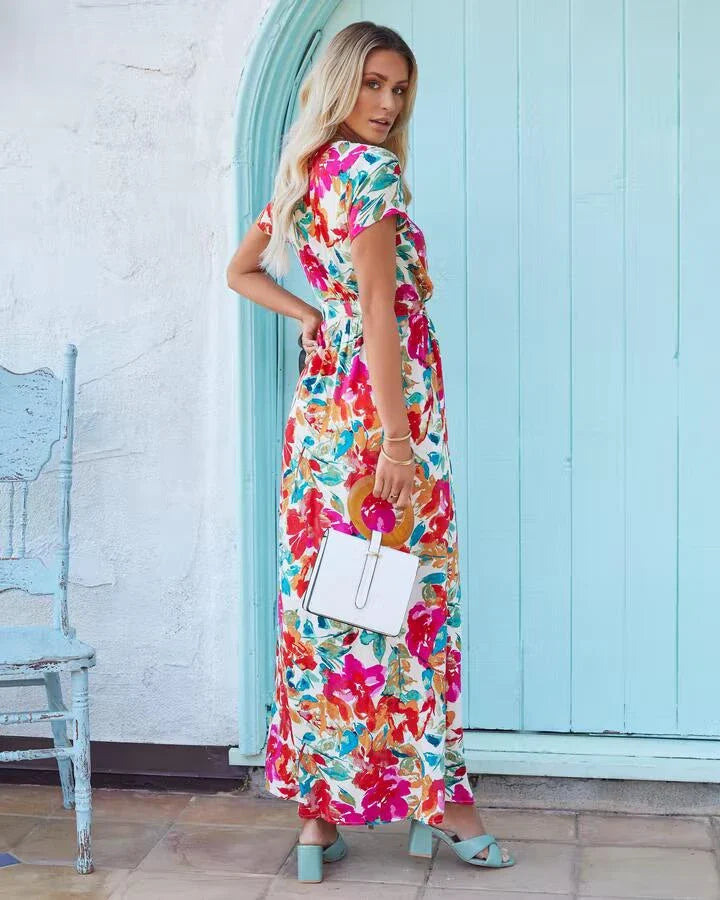 Premium lace-up v-neck printed midi dress for women in picture colour