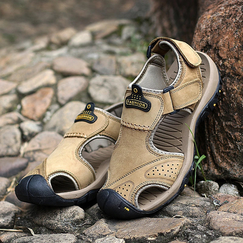 Premium split leather casual sandals with flexible rubber sole and MD cushioning for all-day comfort and style