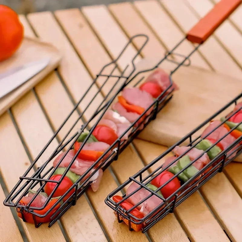 Portable nonstick BBQ grilling basket made of durable steel wire and wood, perfect for outdoor cooking and grilling