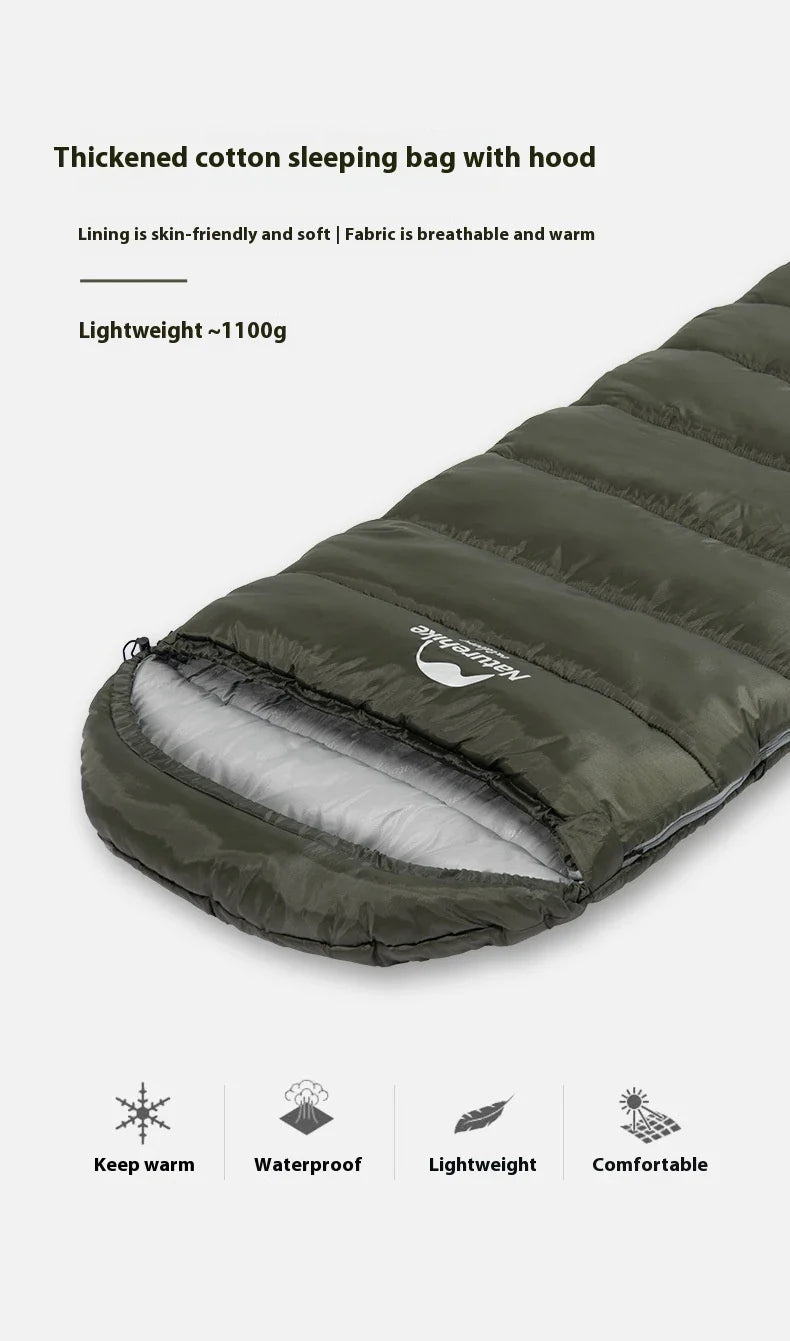 Naturehike Luxury Down-filled Sleeping Bag for Outdoor Camping in Hollow Cotton/Clay Gray, Hollow Cotton/Moxa Leaf Green, and Down Cotton/Sky Blue colours