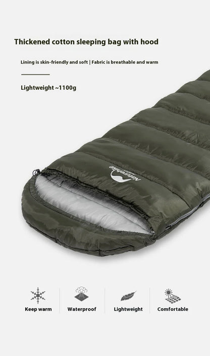 Naturehike Luxury Down-filled Sleeping Bag for Outdoor Camping in Hollow Cotton/Clay Gray, Hollow Cotton/Moxa Leaf Green, and Down Cotton/Sky Blue colours
