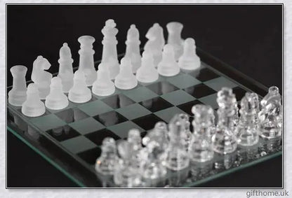 Acrylic Elegant Glass Chess Set with transparent board and frosted/clear glass pieces in small, medium and large sizes