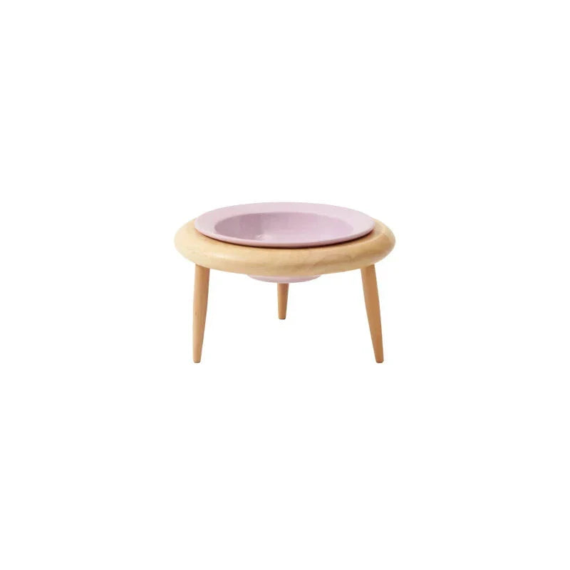 Elevated cat and small dog ceramic feeding set with adjustable wooden stand
