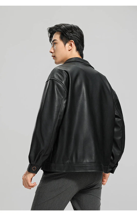 Handsome men's leather motorcycle jacket with lapel collar, dimensional pockets, and durable PU leather construction