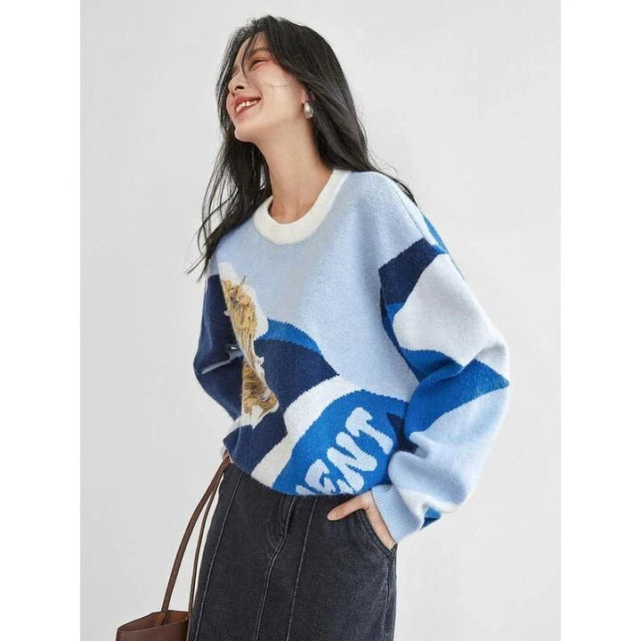 Cosy and stylish vintage floral knit pullover for autumn, featuring a classic O-neck design and high-stretch fabric for a comfortable, flattering fit.