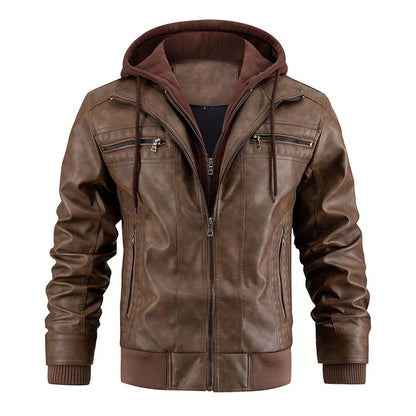 A stylish hooded PU jacket in black, designed for warm winter wear with practical features and a tailored fit.