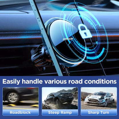 Magnetic wireless car charger in black with CD pattern mirror surface and blue LED lighting