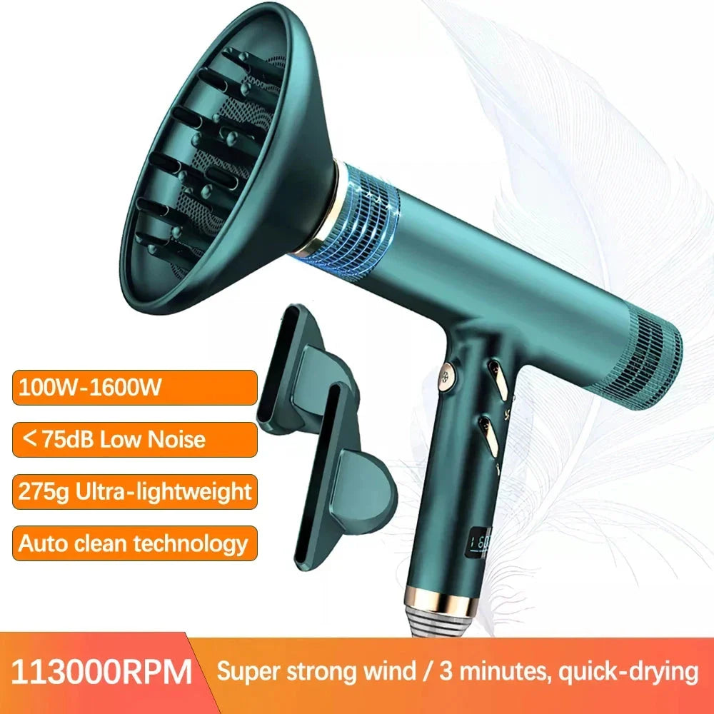 Ultra-fast professional hair dryer with 113,000 rpm/min motor, LCD display, and anion technology for healthy, shiny hair