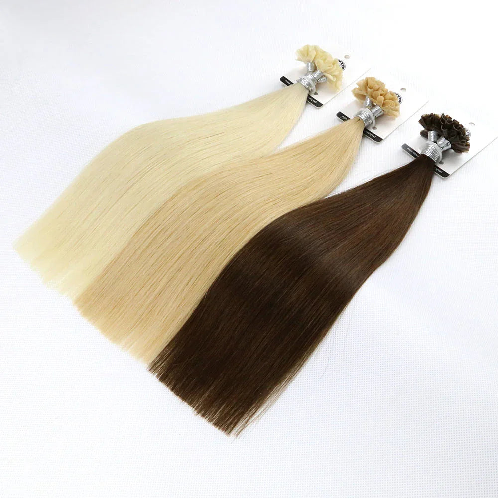 Premium Keratin U-Tip Hair Extensions in Cold Blonde, providing natural-looking length and volume
