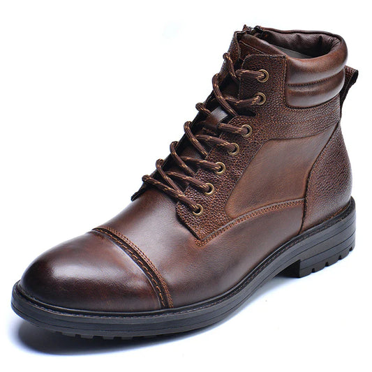 Premium cowhide leather boots for men, featuring a versatile round-toe design and medium-height shaft for classic British style and exceptional comfort.