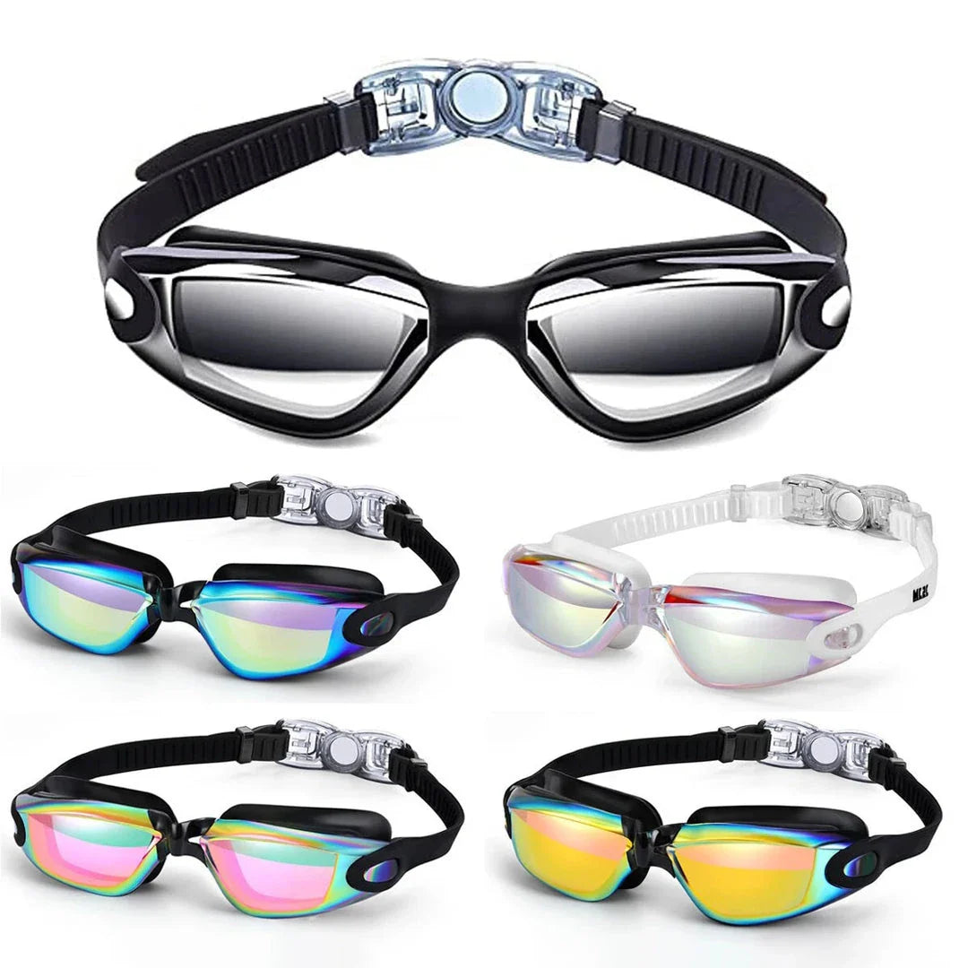 Premium adult swimming goggles with anti-fog lenses, UV protection, and adjustable silicone frame