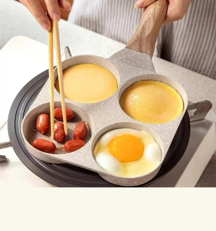 Premium non-stick frying pan with four-hole design for cooking eggs, burgers, and more - a versatile kitchen essential from a British brand