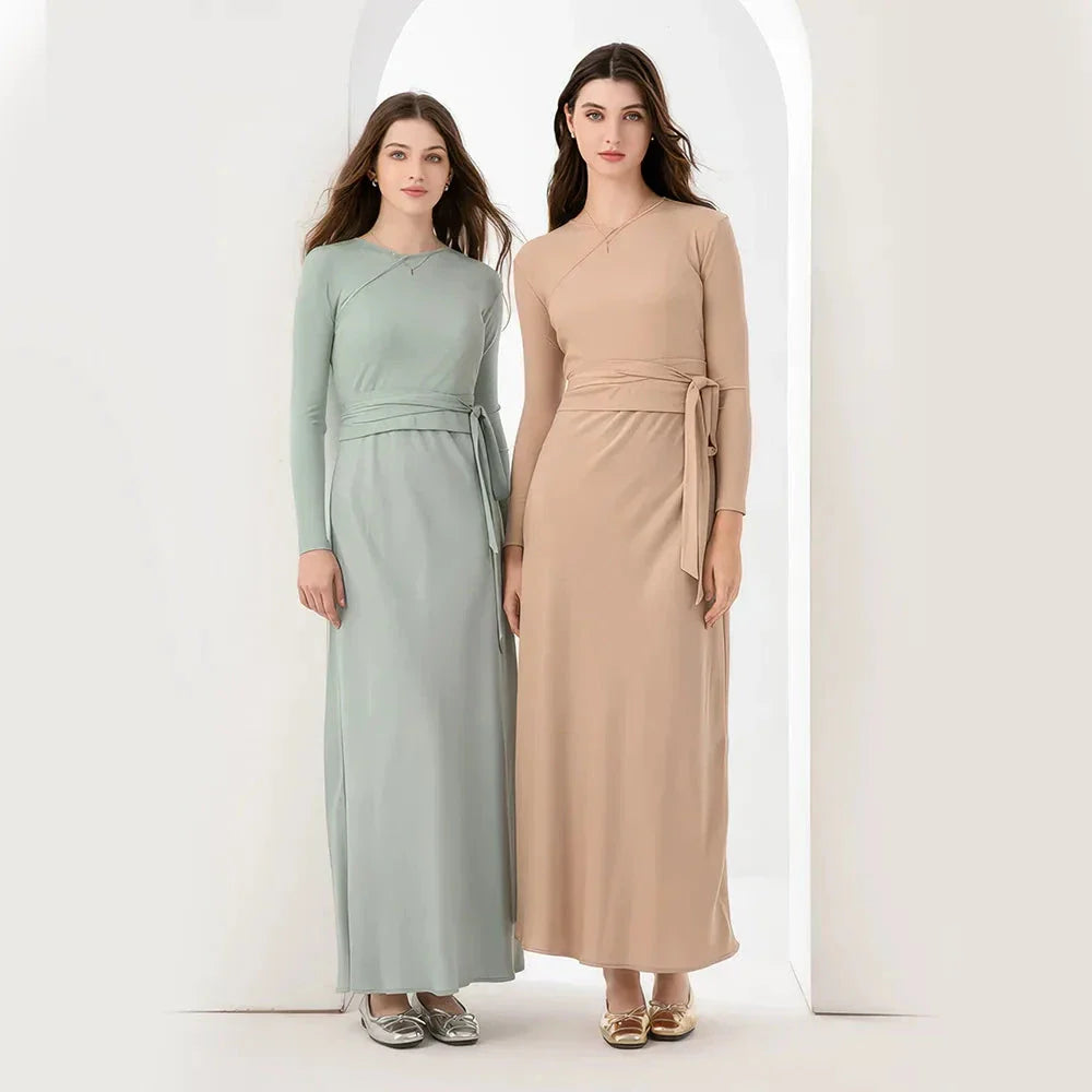 Premium high-stretch ribbed wrap top and flowing matte satin maxi dress set in black, tan, and green colours