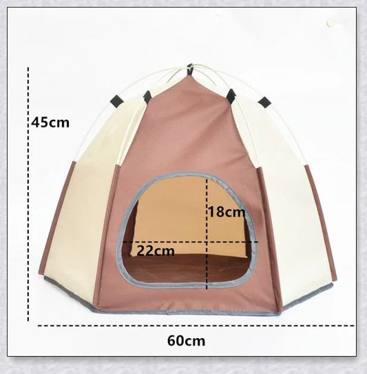 Cosy hexagonal pet tent made of microfibre fabric and carbon rods, providing a warm and stable space for cats and small dogs to relax indoors or outdoors.