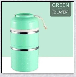 Insulated Hot Food Thermos Lunchbox Tower with multi-layer design and choice of green, pink, blue, or gray colour