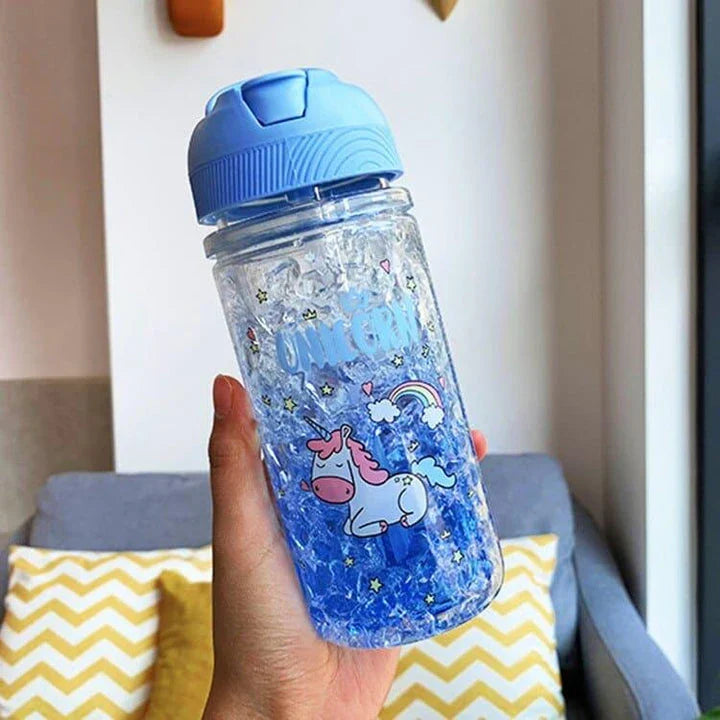 A blue water bottle with a unicorn print design and two straws, perfect for staying hydrated in a magical way.