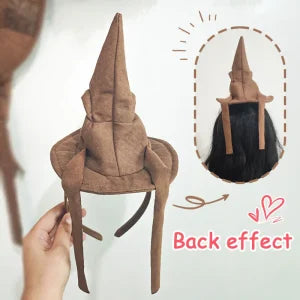 Sortband Halloween Witch Hat Headband in red, green, and brown colours with a detachable witch hat design