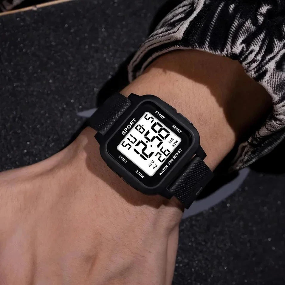 Rugged LED military sports watch with shock-resistant rubber case and tough TPU band, designed for adventurous men in the UK