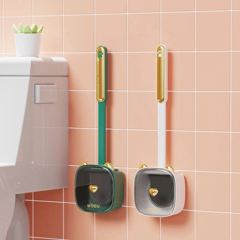 Stylish cat-themed wall-mounted toilet brush set in various colours, including green, orange, white, and grey