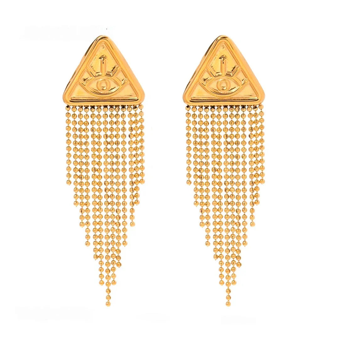 Elegant 18K gold-plated stainless steel triangle drop earrings with a captivating Devil's Eye fringe design