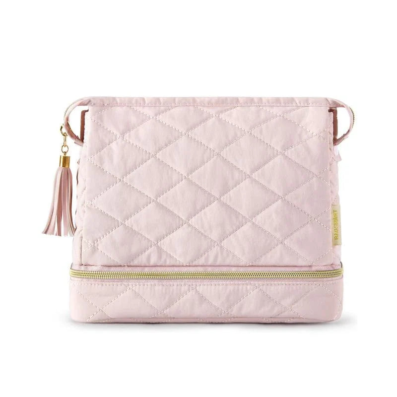 Double Layer Makeup Cosmetic Bag in soft pink colour with stylish tassel zippers and secure side clasps