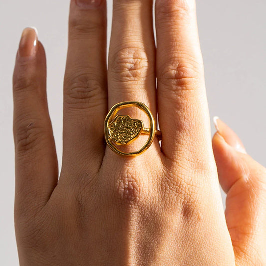Elegant 18K gold-plated stainless steel ring with intricate hollow-carved design and vintage-inspired charm
