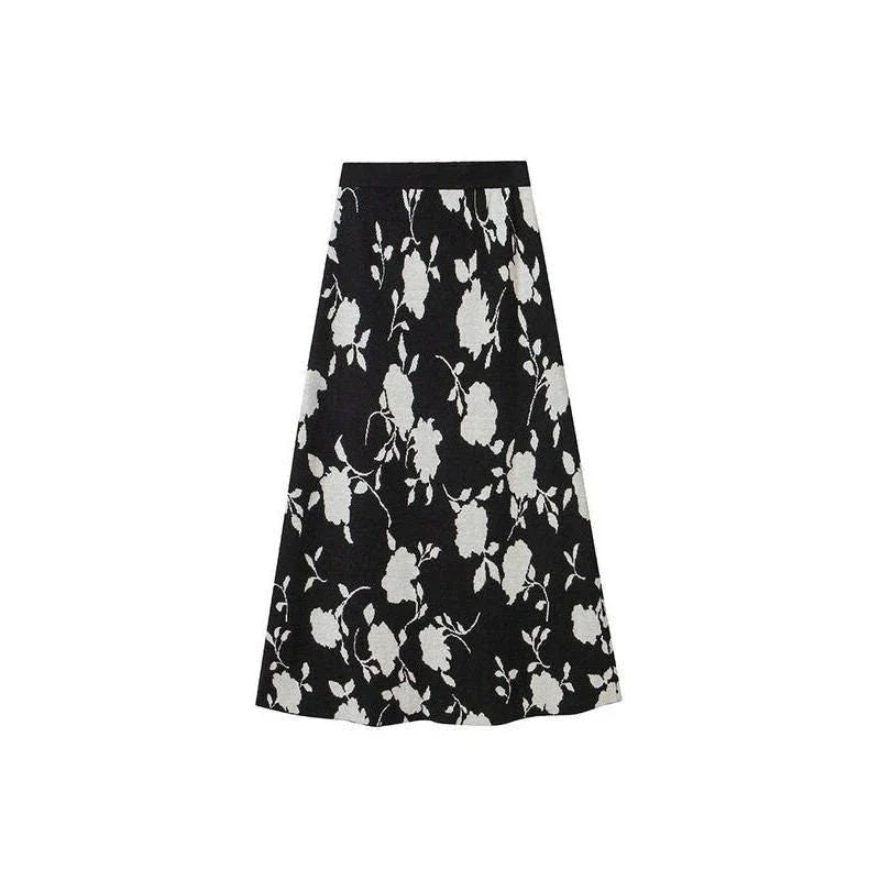 Elegant floral jacquard knit skirt in a mid-calf length with a flattering A-line silhouette