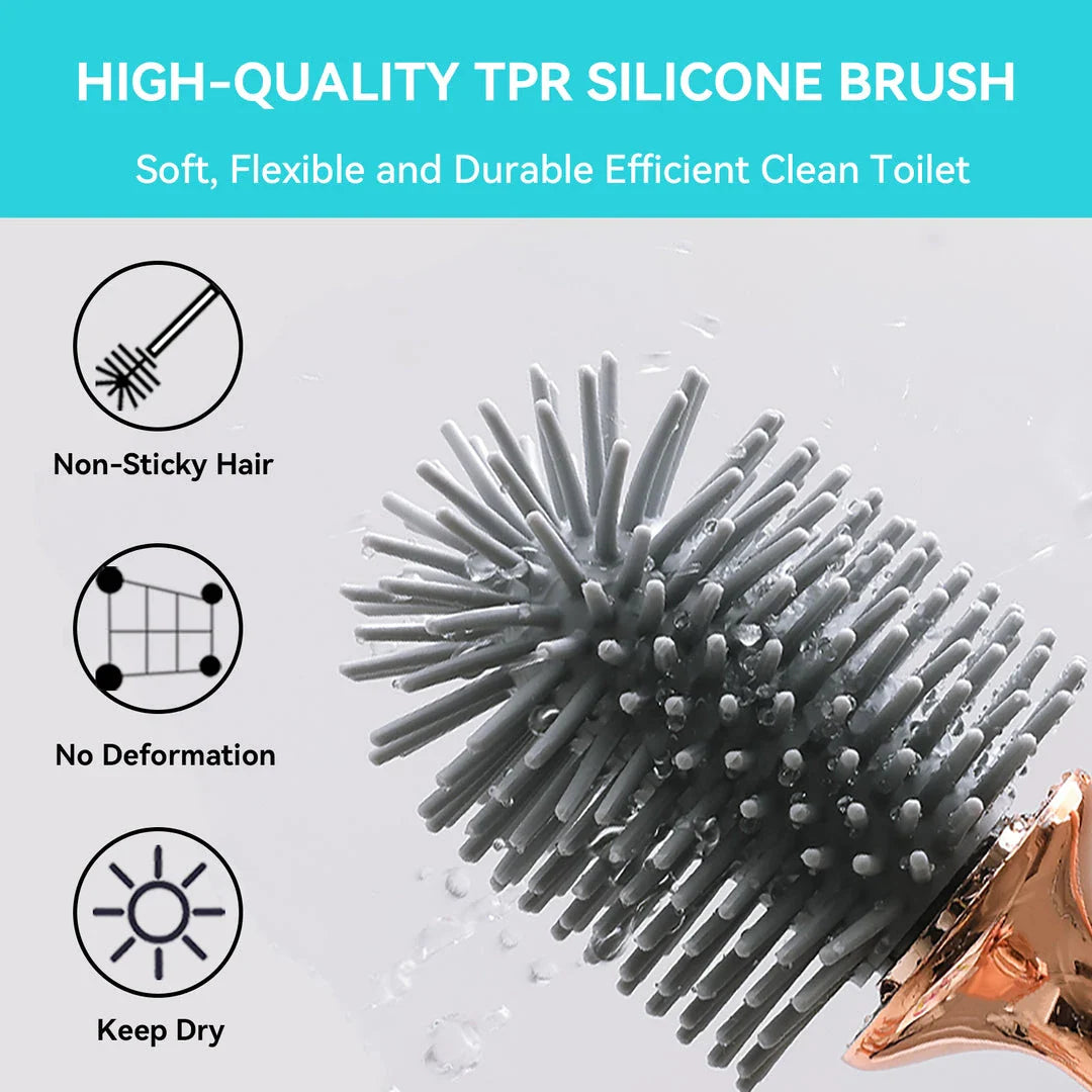 Premium silicone toilet brush and holder set in black and white with rose gold accents, designed for effortless bathroom cleaning and elegant decor