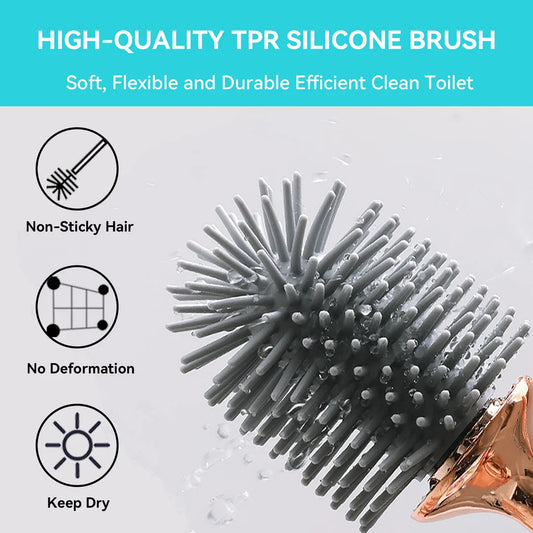 Premium silicone toilet brush and holder set in black and white with rose gold accents, designed for effortless bathroom cleaning and elegant decor