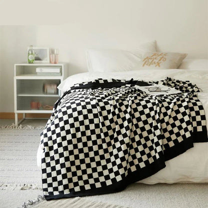 Cosy tartan check cotton knit throw blanket in earthy tones for stylish home decor