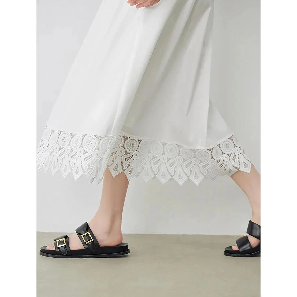 Elegant lace-spliced A-line midi skirt in beige, suitable for various occasions
