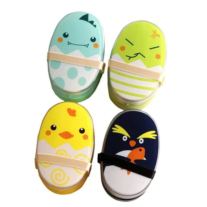 Egg-shaped children's lunch box in various colours, designed with durable plastic construction and insulated compartments to keep meals fresh and at the ideal temperature.