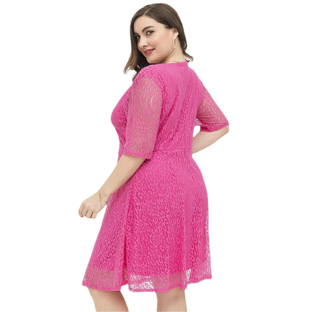 Elegant V-neck lace dress with tailored waist in rose red colour