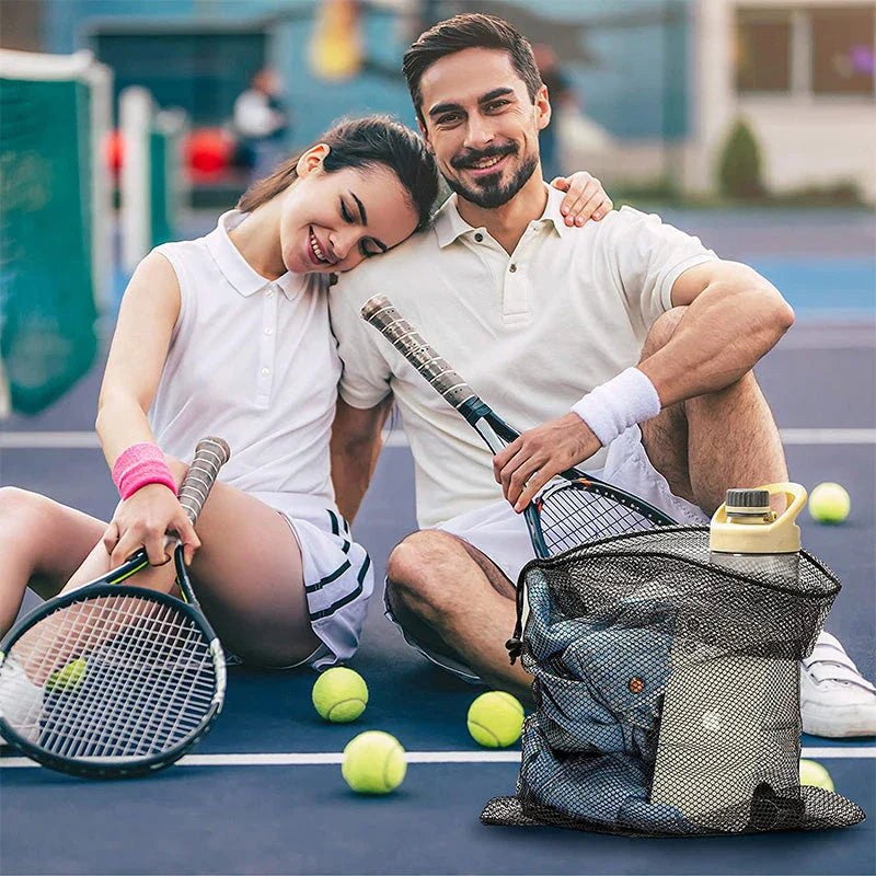 Multipurpose nylon mesh drawstring storage bag in two sizes for organising sports gear, laundry, and more