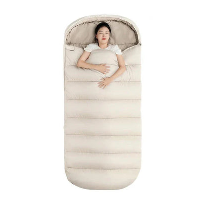 Premium 3-season sleeping bag with spacious design, warm yet breathable fabric, and removable liner for easy cleaning