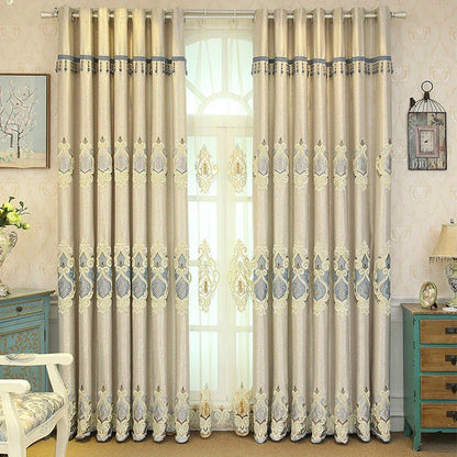 Elegant European-style embroidered mesh curtains in beige and grey shades, providing high sun protection and a modern, minimalist design.
