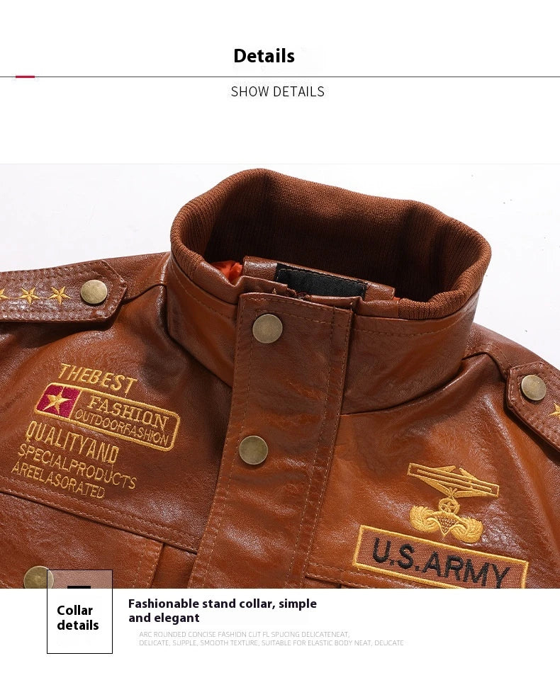 Premium leather jacket for men in slim-fit and short style with stand-up collar and multiple pockets