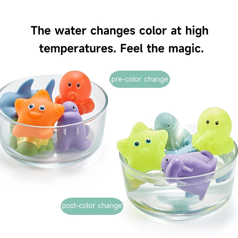 A set of colourful, floating bath toys including a fishing pole and net for interactive play