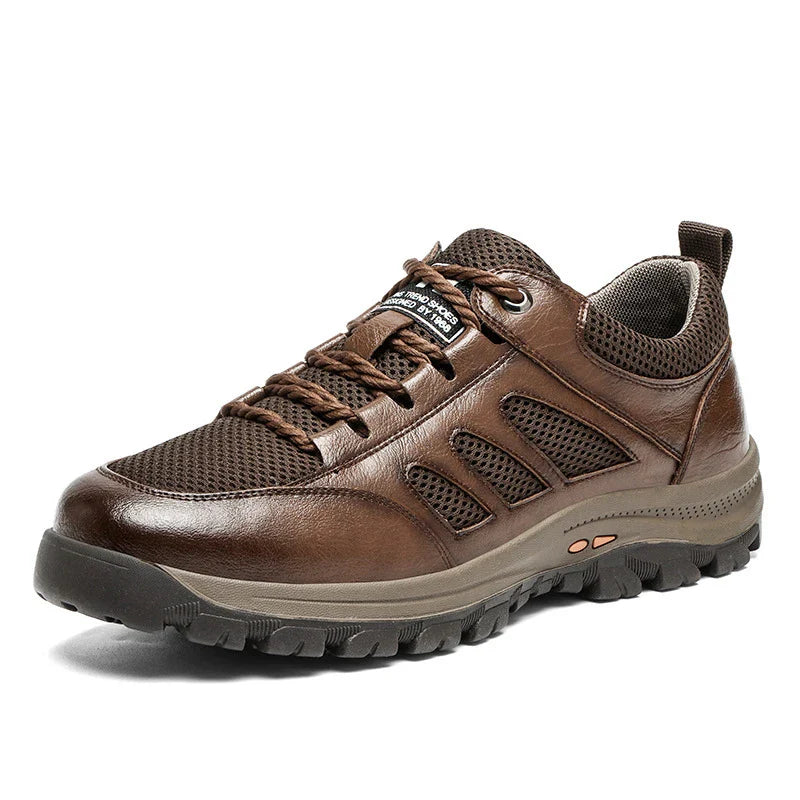 Premium breathable leather sports trainers in black and brown colours, featuring a mesh upper and comfortable sole