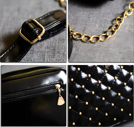 Elegant women's purse made of premium PU leather with gold-coloured stud detailing and a decorative crown design