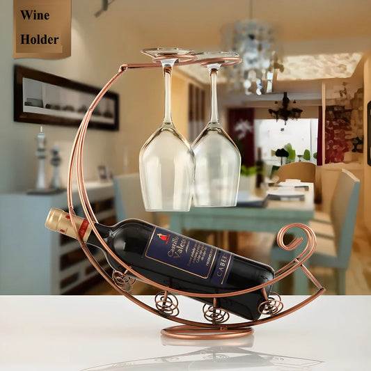 Prestige™ Hanging Wine & Glass Holder in black, copper, and gold finishes, a stylish kitchen accessory with a moon-shaped design
