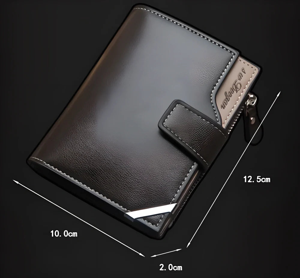 Premium British-made leather wallet in brown or black, featuring tri-fold design and multiple compartments for cards, cash and other essentials